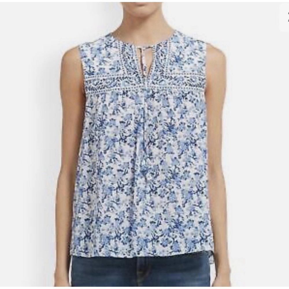 Rebecca Taylor 100% Silk Floral Sleeveless Blouse Top Blue Boho Cottagecore